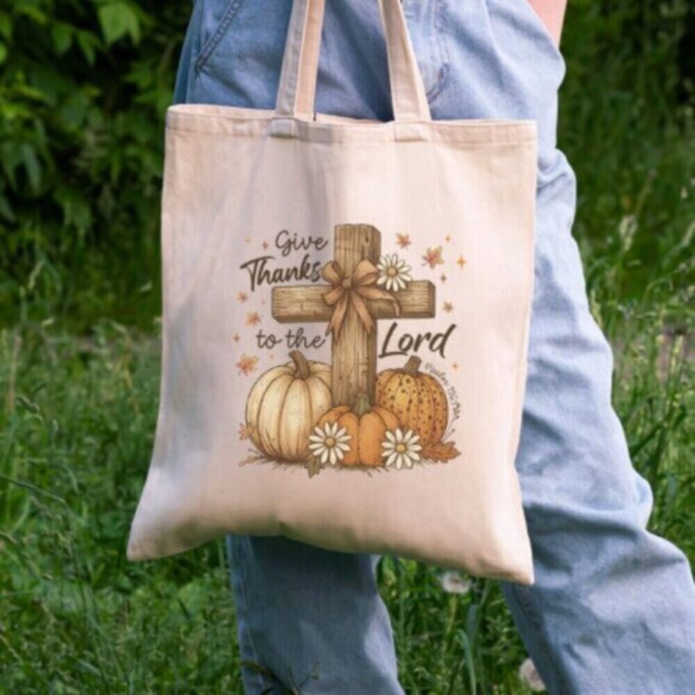 Christian Fall Tote Bag Give Thanks to the Lord Pumpkins & Cross 100% Cotton